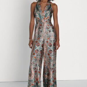 Lulus Divine Wanderings Teal Green Scarf Print Satin Wide-leg Jumpsuit